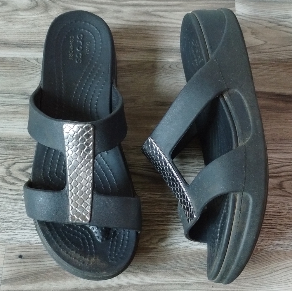 Crocs Monterey Metallic Open Toe Slip-On Black Wedge Women's Size 7